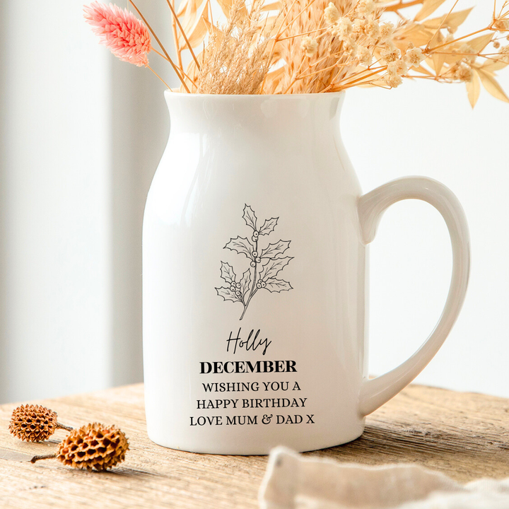 Personalised Birth Flower Vase - December Holly